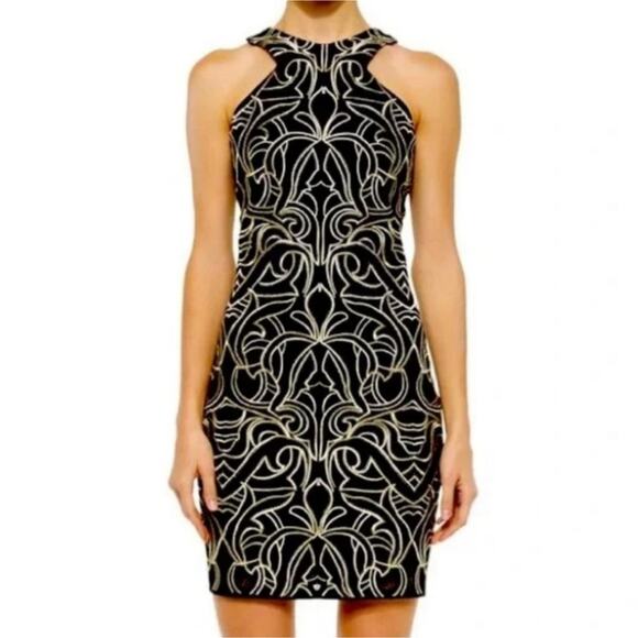 Parker Mariah Gold Embroidered Mini Sheath Dress - Picture 1 of 5